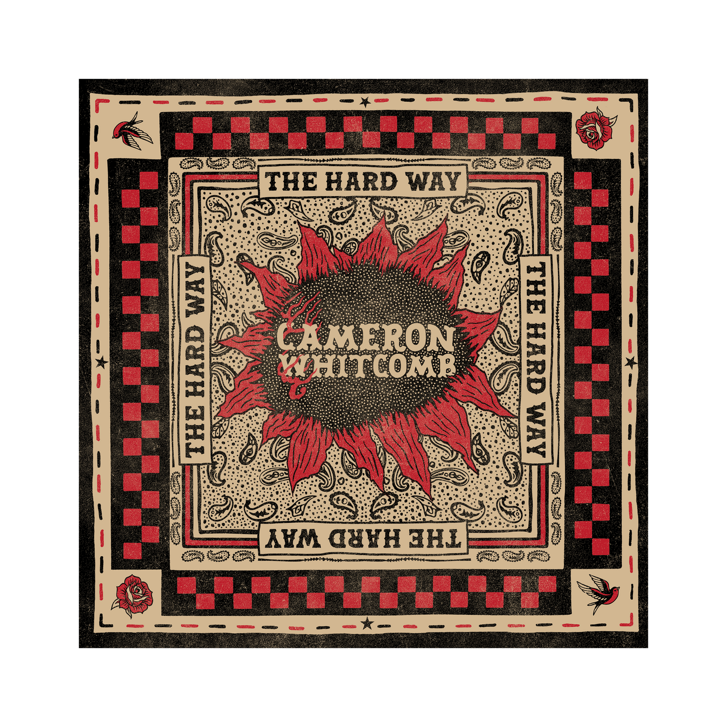 Bandana with red sunflower design and text 'The Hard Way' by Cameron Whitcomb on a black background