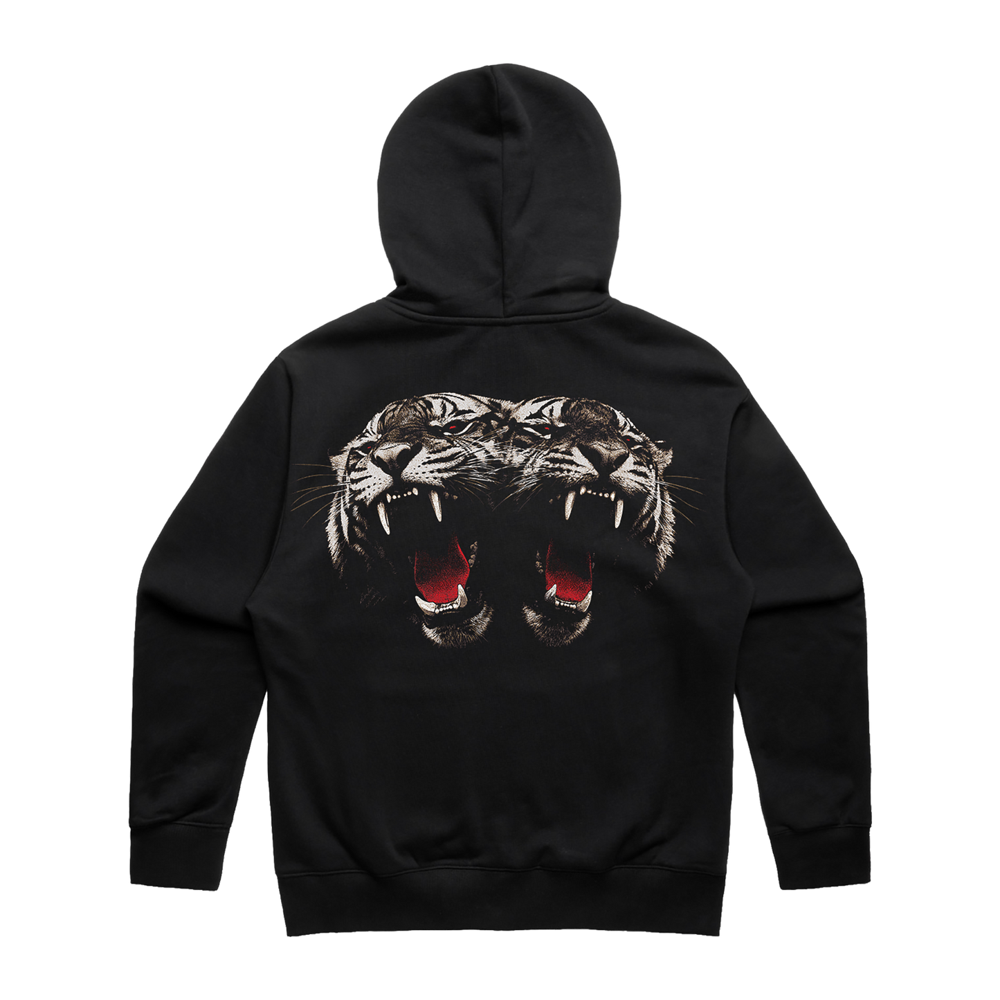 A black pullover hoodie shown from the back, featuring a large graphic print of two roaring tiger heads with open mouths and red tongue details.