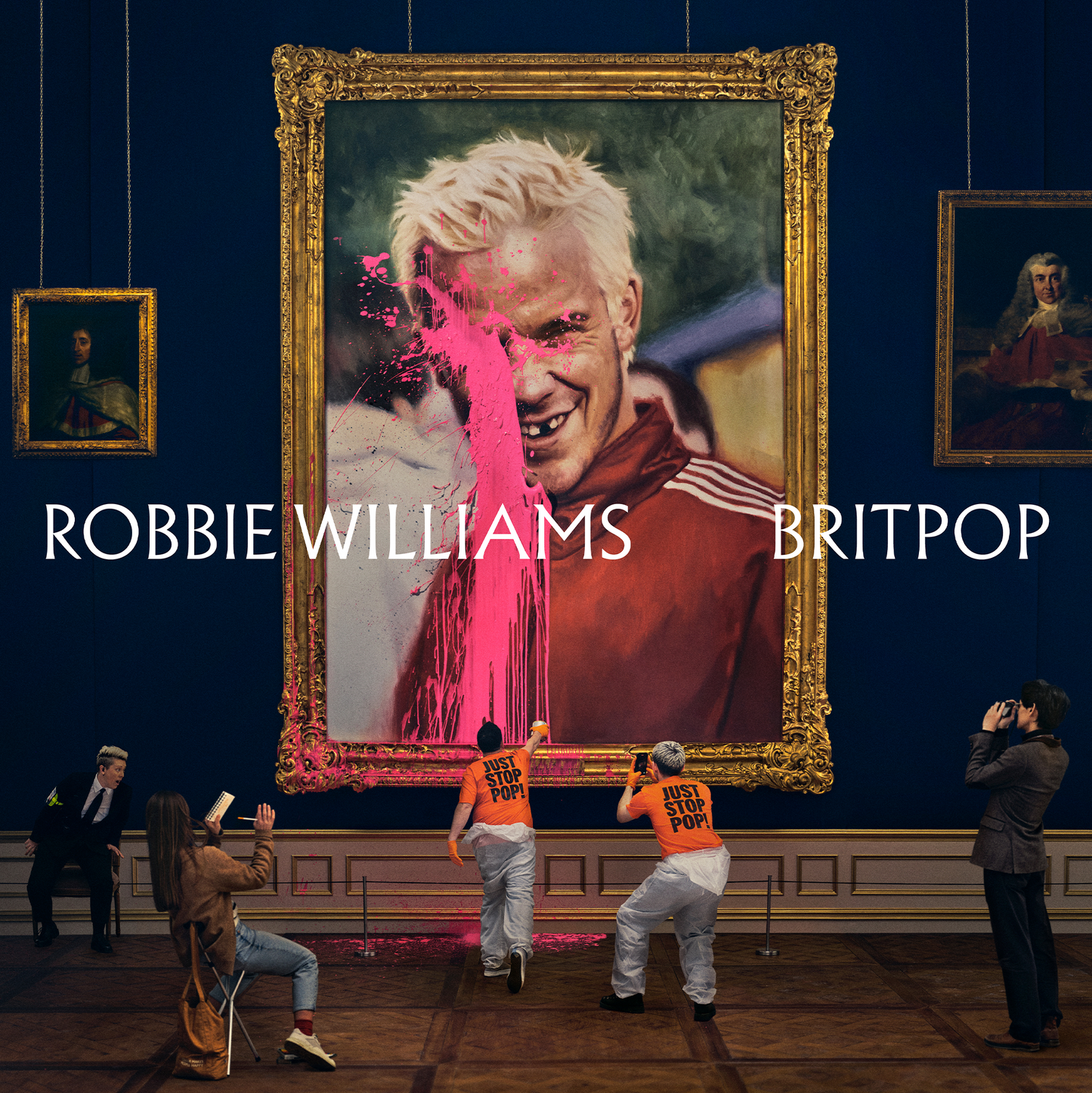 Album cover with a large framed portrait of a young Robbie Williams, pink paint effect, and text 'Robbie Williams Britpop' in an art gallery setting.