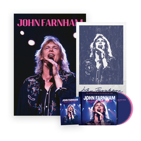 Bundle of John Farnham merch including photo poster, blue and white tea towel, Finding The Voice 2CD album and magnet