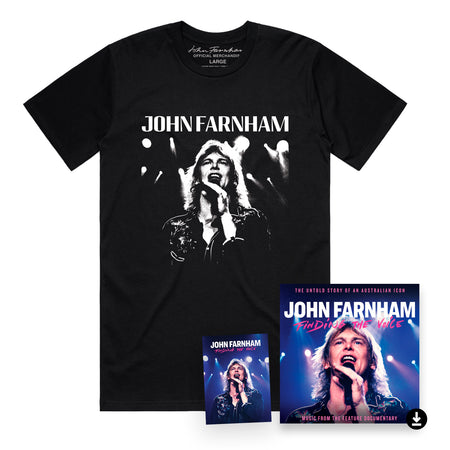 Black vintage t-shirt with white John Farnham logo and white print of him singing, and Finding The Voice magnet