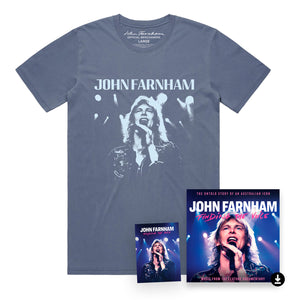 Faded blue vintage t-shirt with white John Farnham logo and white print of him singing, and Finding The Voice magnet
