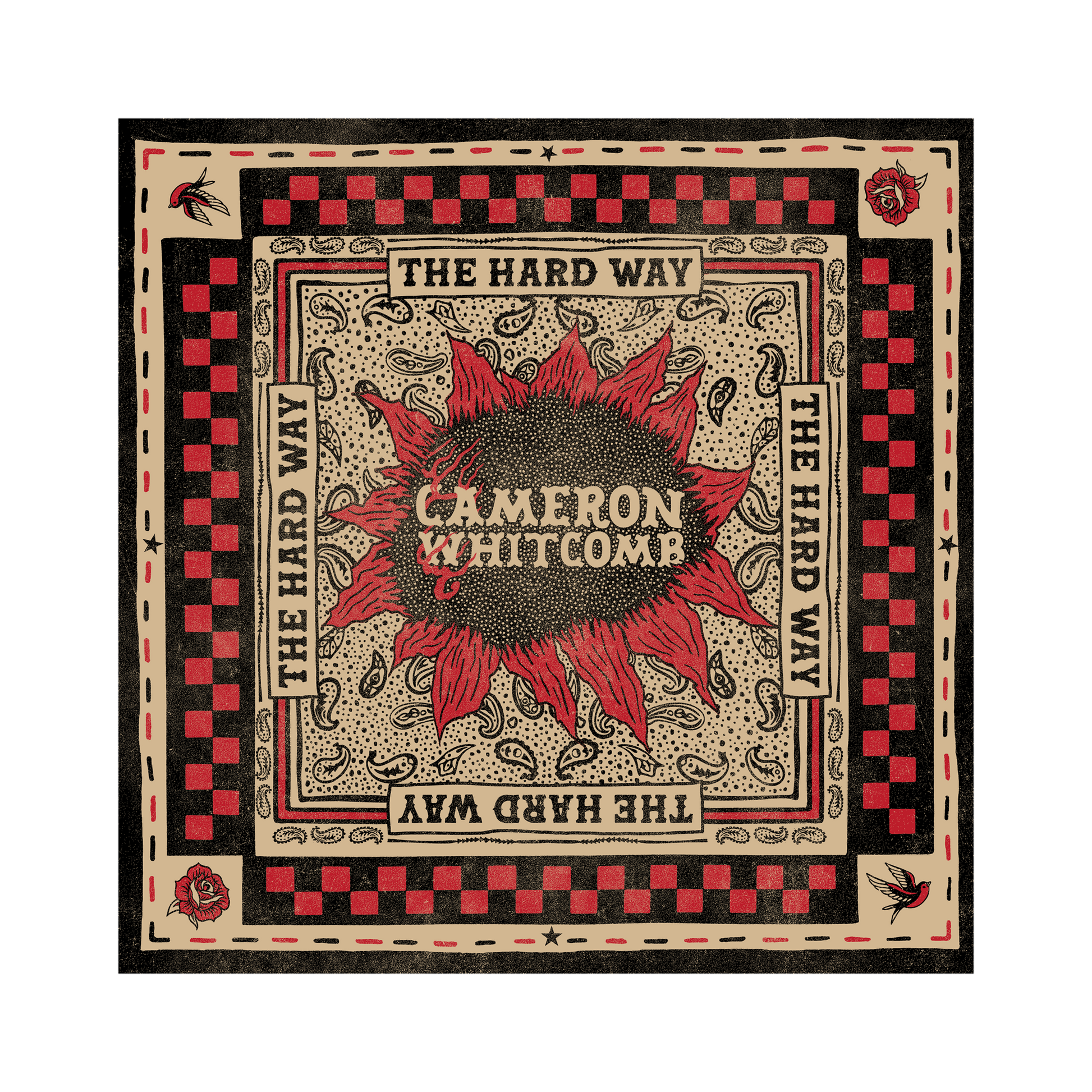 Bandana with red sunflower design and text 'The Hard Way' by Cameron Whitcomb on a black background