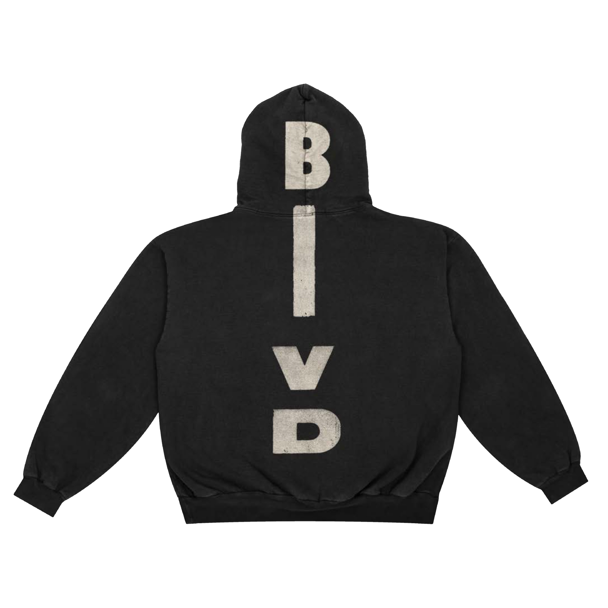 Black hoodie with 'BIVD' text on the back against a white background
