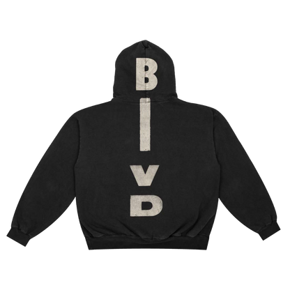 Black hoodie with 'BIVD' text on the back against a white background