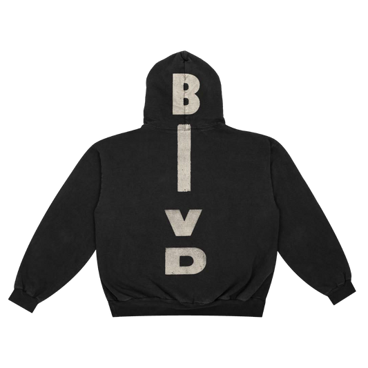 Black hoodie with 'BIVD' text on the back against a white background