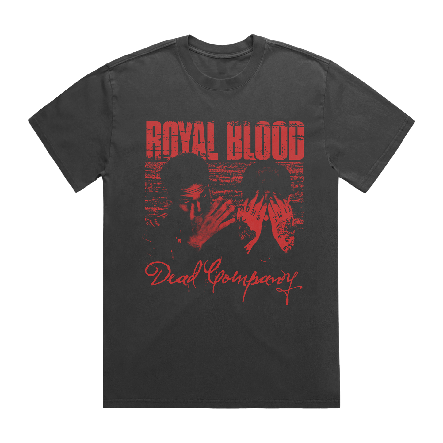 A dark charcoal gray t-shirt featuring a distressed red graphic print with the text 'ROYAL BLOOD' and 'Dead Company' over a red-tinted photo of two figures.