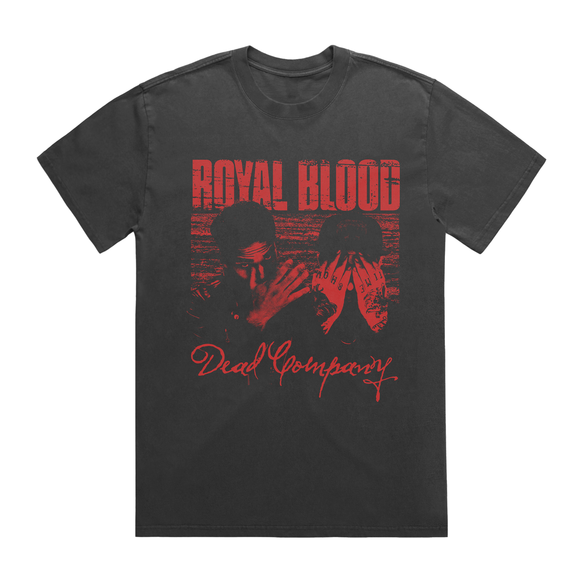 A dark charcoal gray t-shirt featuring a distressed red graphic print with the text 'ROYAL BLOOD' and 'Dead Company' over a red-tinted photo of two figures.