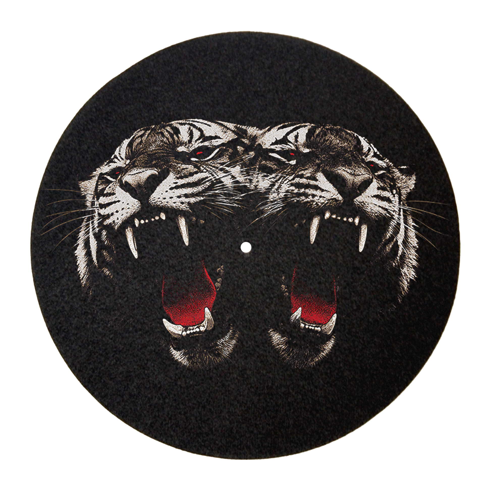 A circular black vinyl record or disc featuring a detailed graphic of two roaring tigers facing each other, with white stripes, black outlines, and bright red interiors, centered on a plain white background.