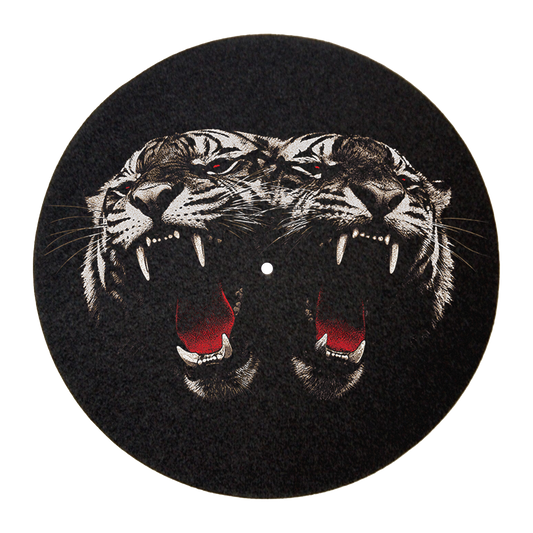 A circular black vinyl record or disc featuring a detailed graphic of two roaring tigers facing each other, with white stripes, black outlines, and bright red interiors, centered on a plain white background.