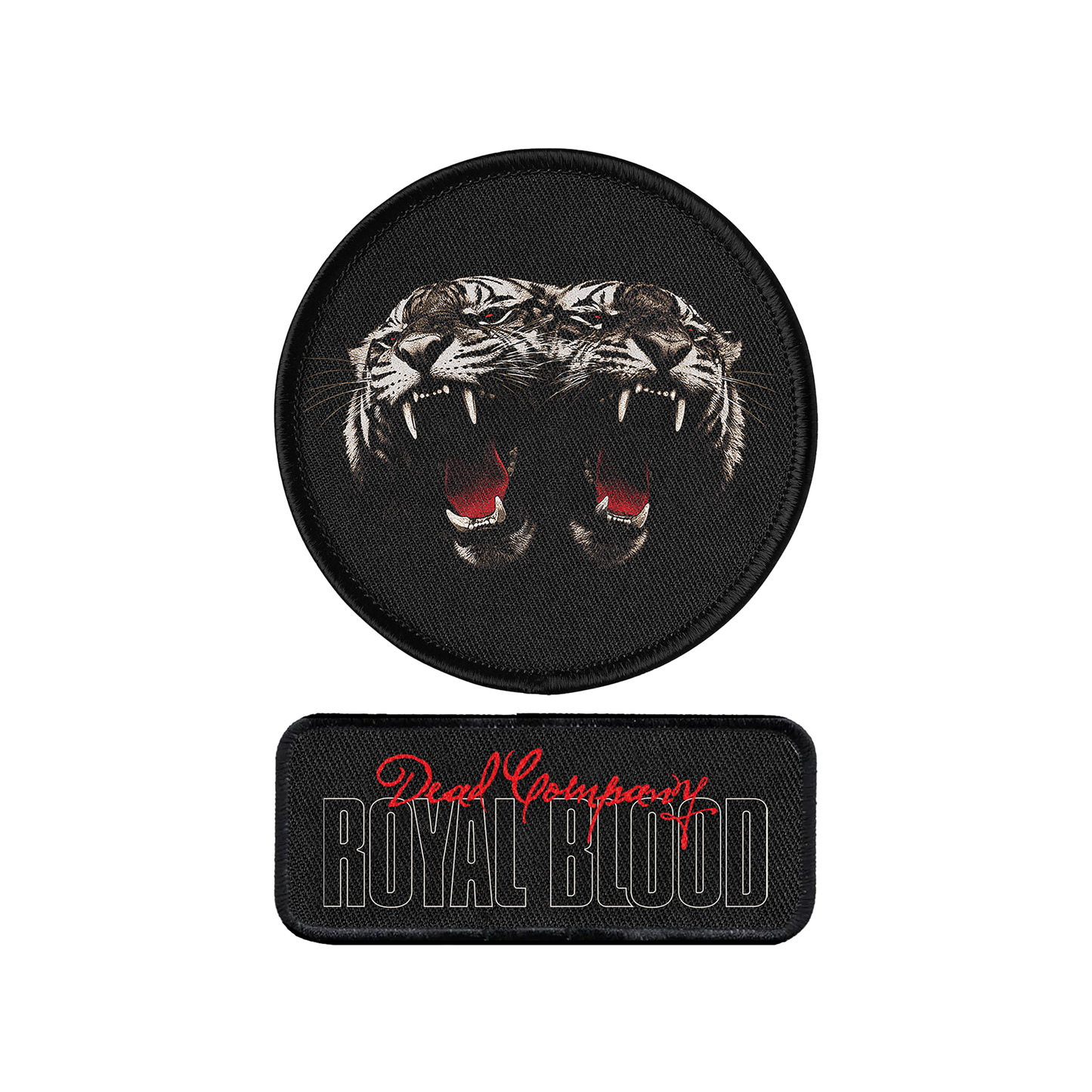 Two embroidered patches on a plain white background: a round black patch with two roaring tigers facing each other, and a rectangular black patch with the words 'Deadly Royal Blood' in white and red script.