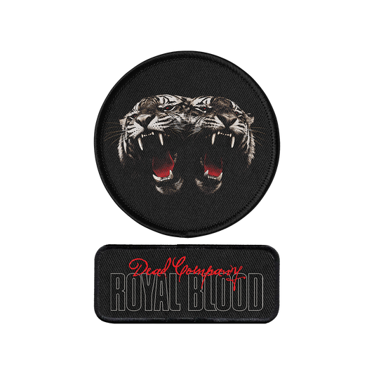 Two embroidered patches on a plain white background: a round black patch with two roaring tigers facing each other, and a rectangular black patch with the words 'Deadly Royal Blood' in white and red script.