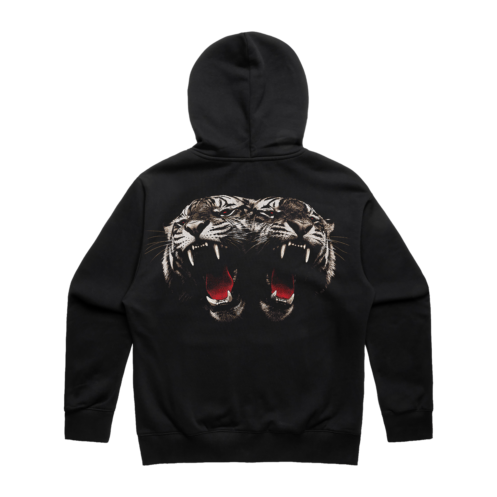 A black pullover hoodie shown from the back, featuring a large graphic print of two roaring tiger heads with open mouths and red tongue details.