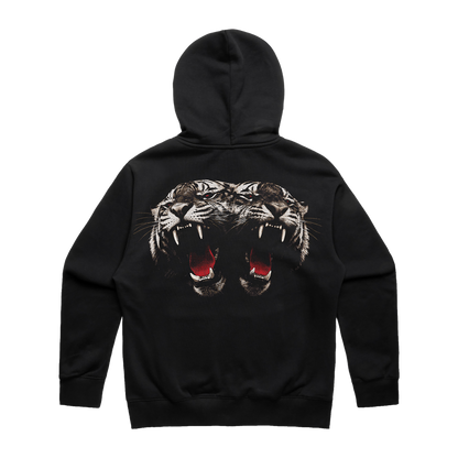 A black pullover hoodie shown from the back, featuring a large graphic print of two roaring tiger heads with open mouths and red tongue details.