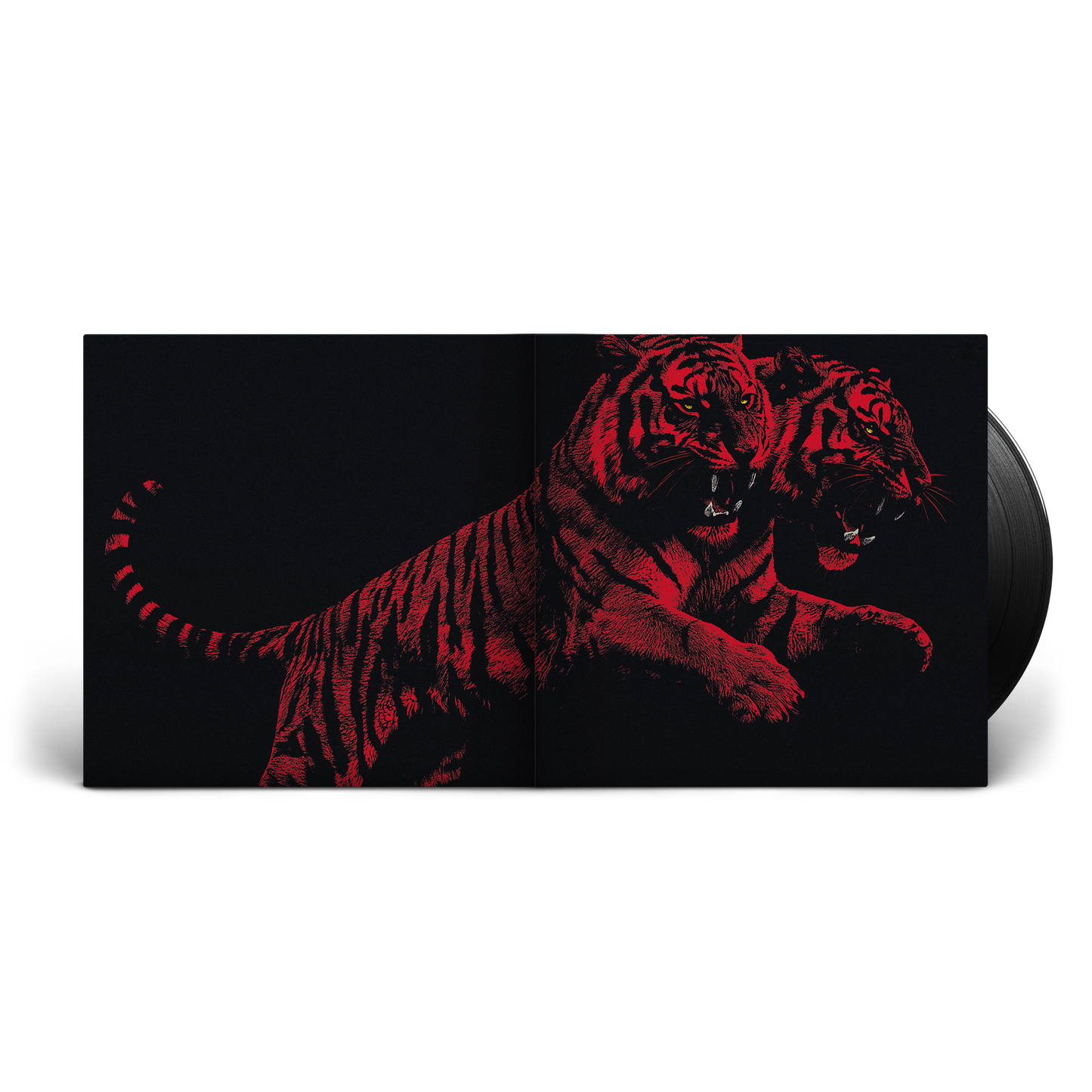 A vinyl record partially pulled from its sleeve, showing a black-and-red graphic of two roaring tigers on the cover against a white background.