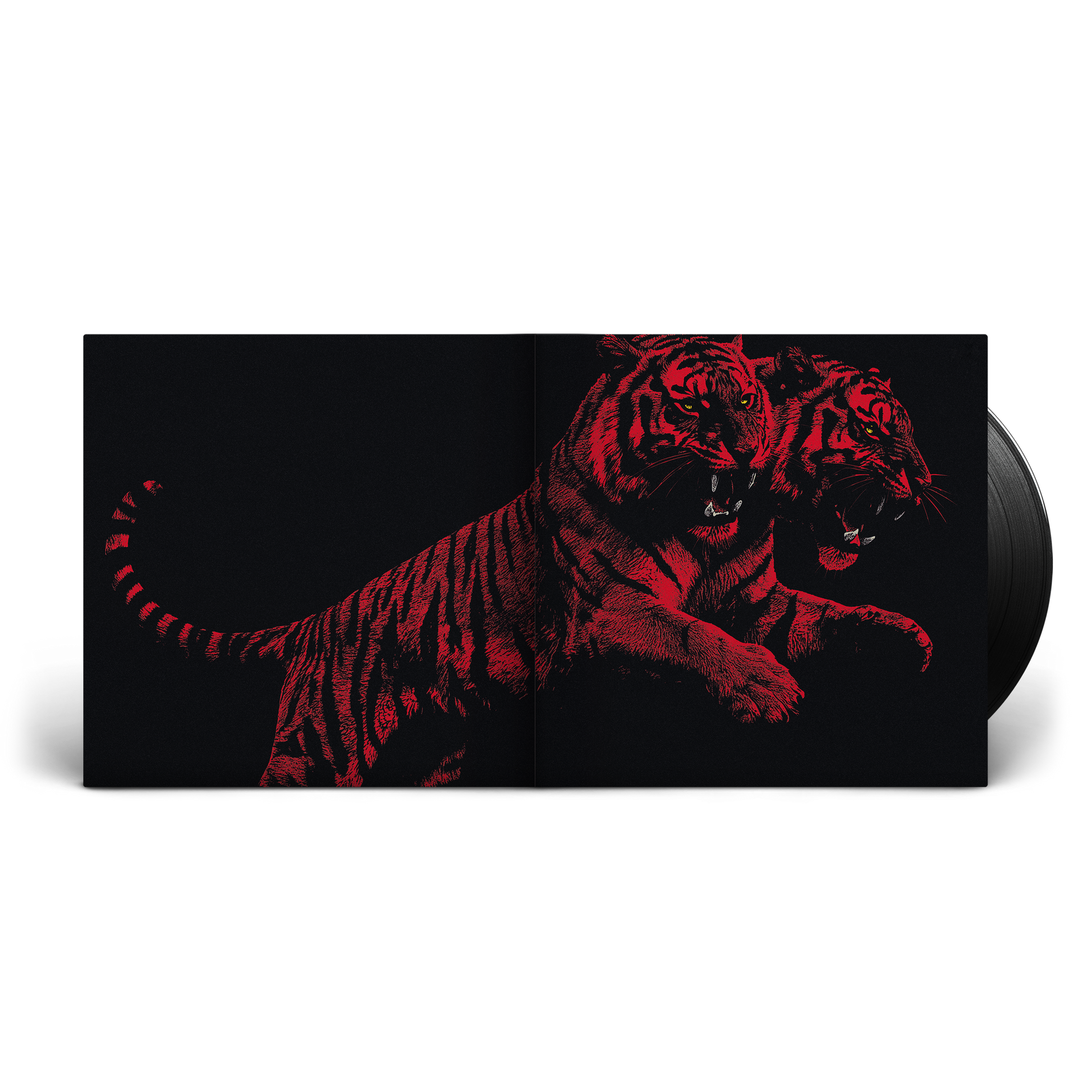 A vinyl record partially pulled from its sleeve, showing a black-and-red graphic of two roaring tigers on the cover against a white background.