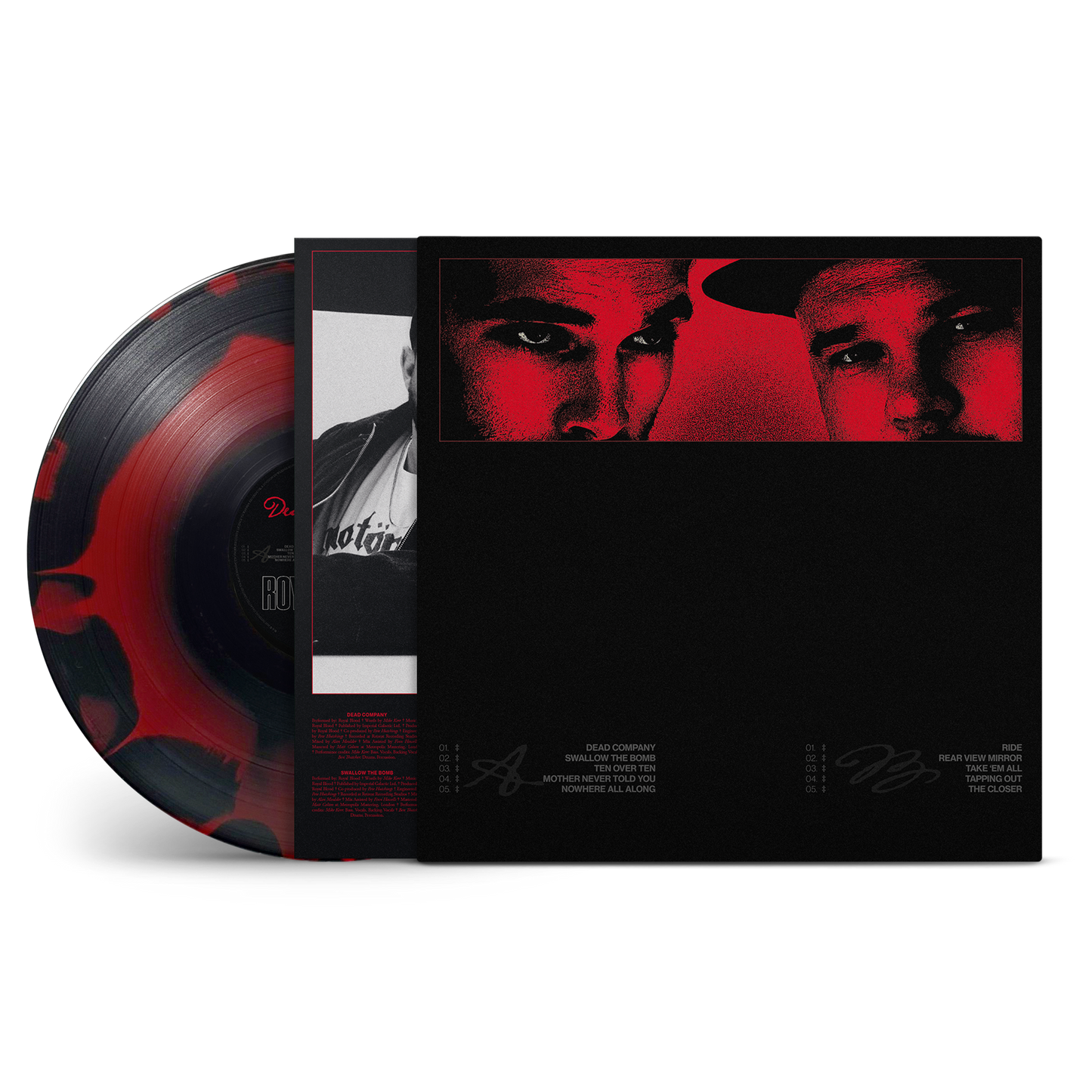 A vinyl record album shown in a clean studio-style product shot. The black record sleeve features a red-and-black portrait of two men, and the vinyl disc itself is partially visible with a red marbled pattern on a black base.