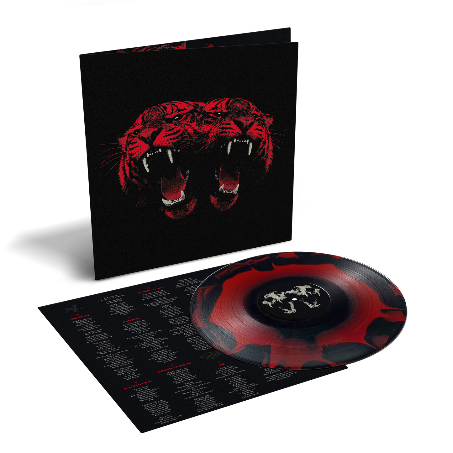 A vinyl record album shown with its black sleeve featuring a red tiger graphic, alongside the record itself and an inner track insert on a white background.