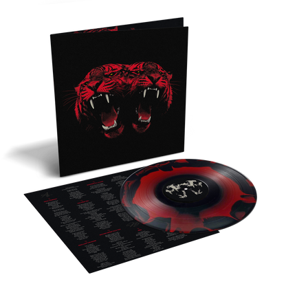 A vinyl record album shown with its black sleeve featuring a red tiger graphic, alongside the record itself and an inner track insert on a white background.
