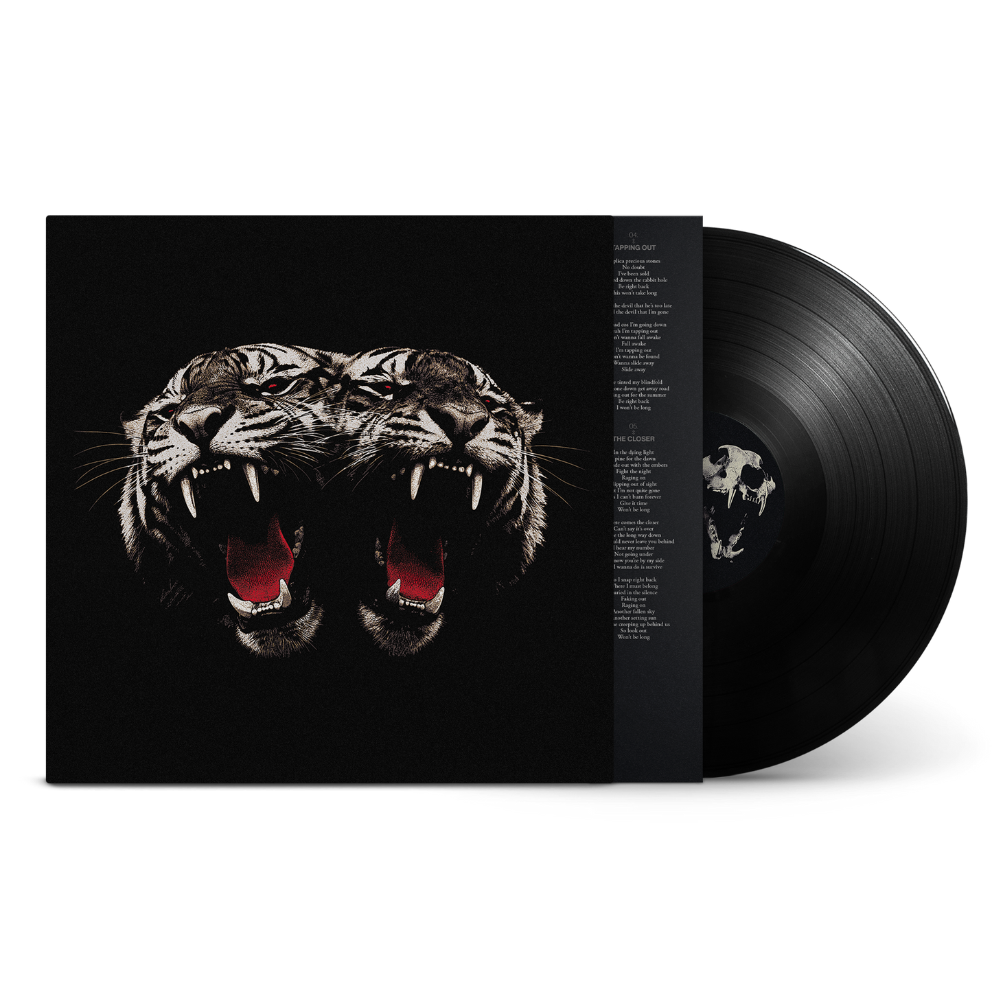 A vinyl record partially pulled from its sleeve, showing a black cover with a large dual-tiger face graphic and a black record disc visible behind it on a light gray background.