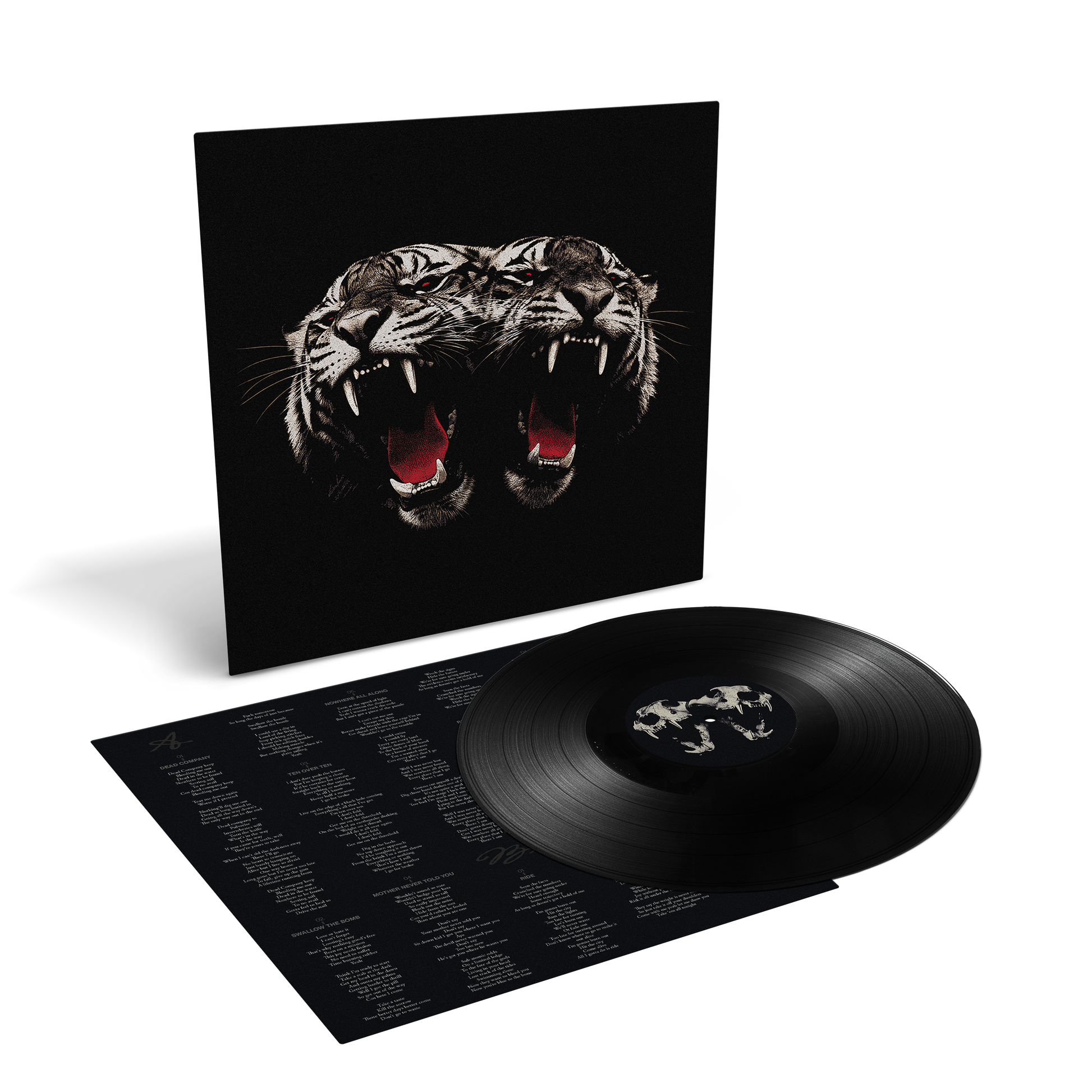 A vinyl record package shown on a clean white background: a black square album cover featuring a large roaring tiger head, with the black record partially pulled from the inner sleeve and printed tracklist visible.