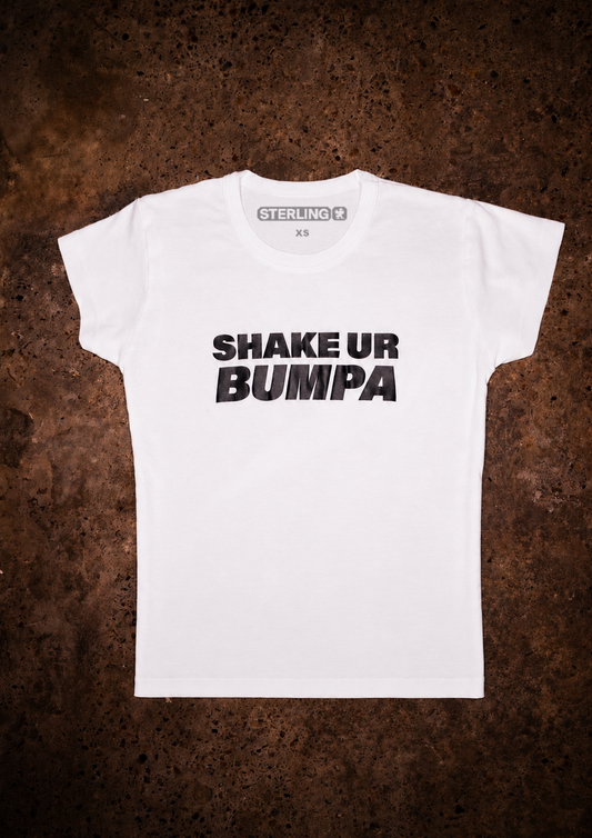 WHITE 'SHAKE UR BUMPA' BABY TEE