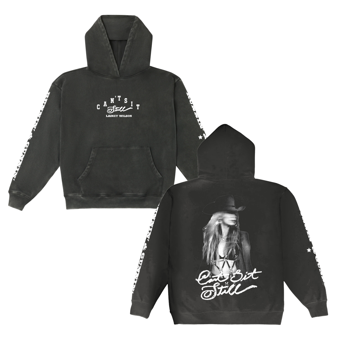 Black hoodie featuring a white graphic print of lainey wilson and the text ‚Äôcan‚Äôt sit still‚Äô on both front and back, with star patterns along the sleeves.