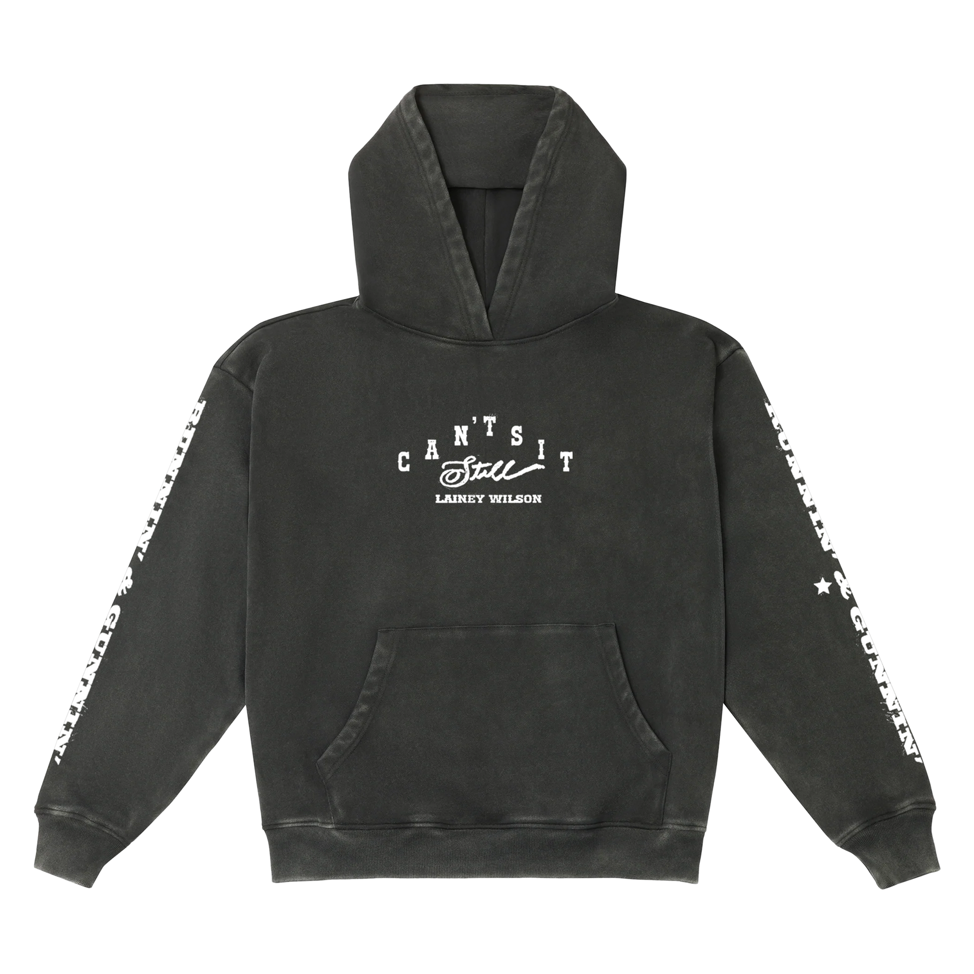 Black hoodie with white ‚Äôcan‚Äôt sit still‚Äô graphic and star-patterned sleeve trim.