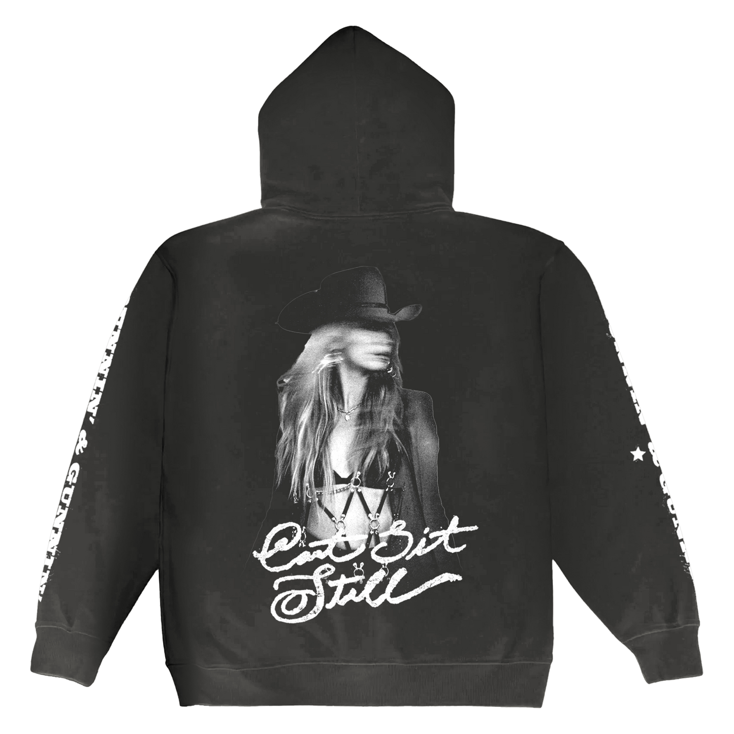 Black hoodie featuring a black-and-white graphic of a woman in a cowboy hat with the text ‚Äôcan‚Äôt sit still‚Äô printed below.