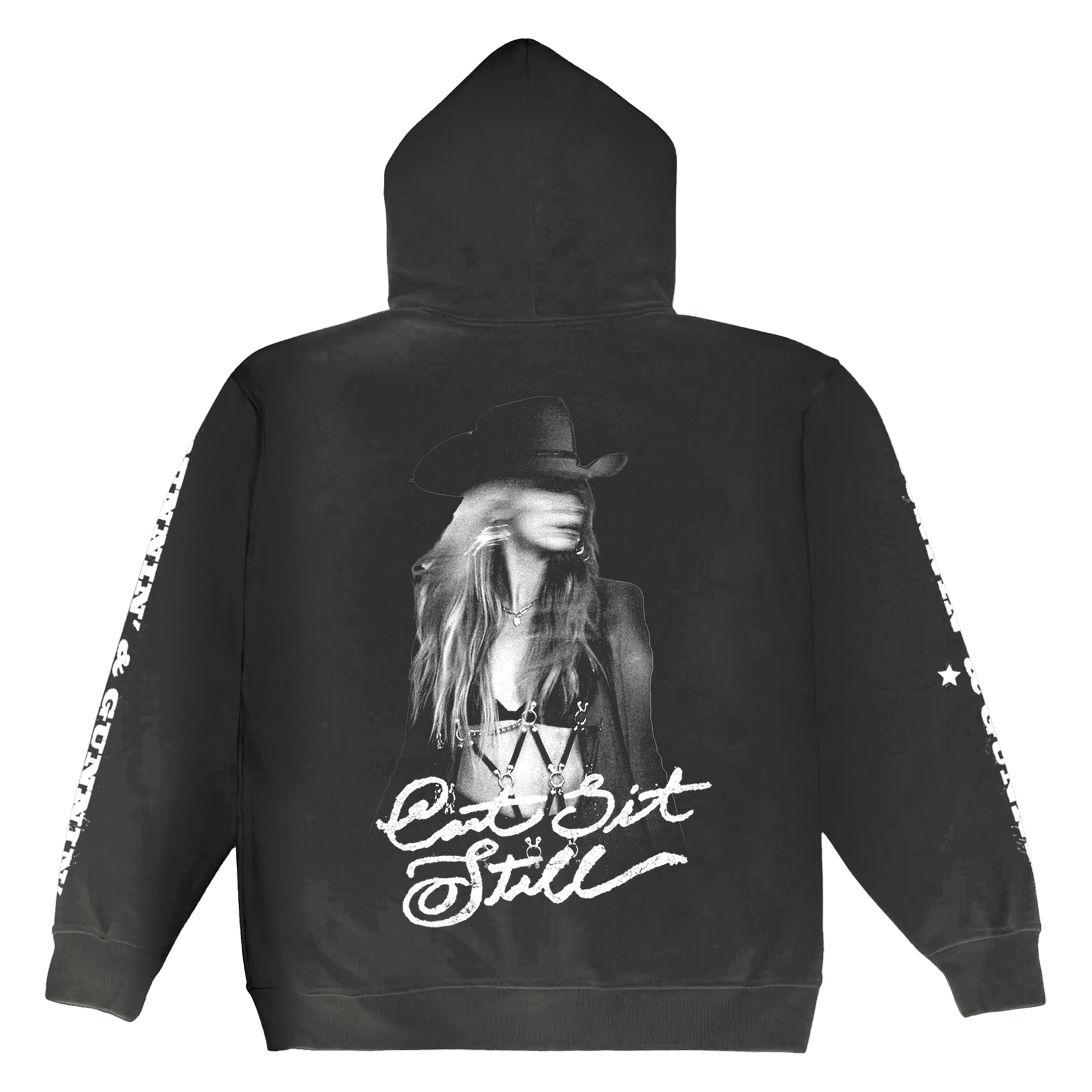 Black hoodie featuring a black-and-white graphic of a woman in a cowboy hat with the text ‚Äôcan‚Äôt sit still‚Äô printed below.
