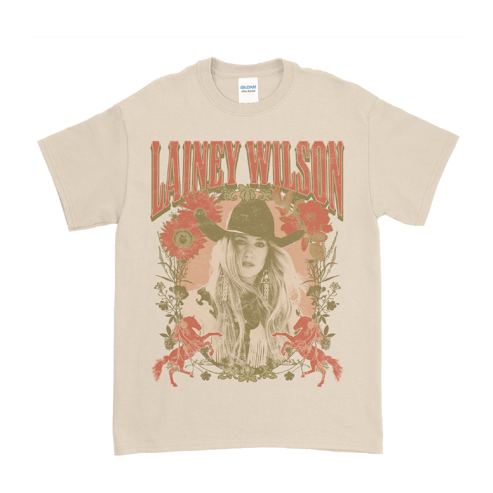 T-shirt featuring a vintage-style country music design with ‚ÄôLainey Wilson‚Äô text and floral artwork.