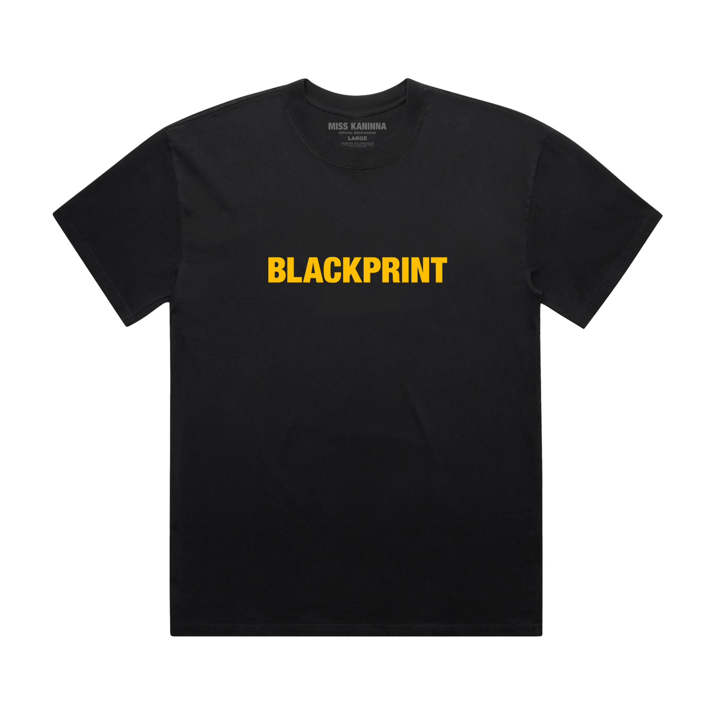 Black t-shirt with 'BLACKPRINT' in yellow on a white background