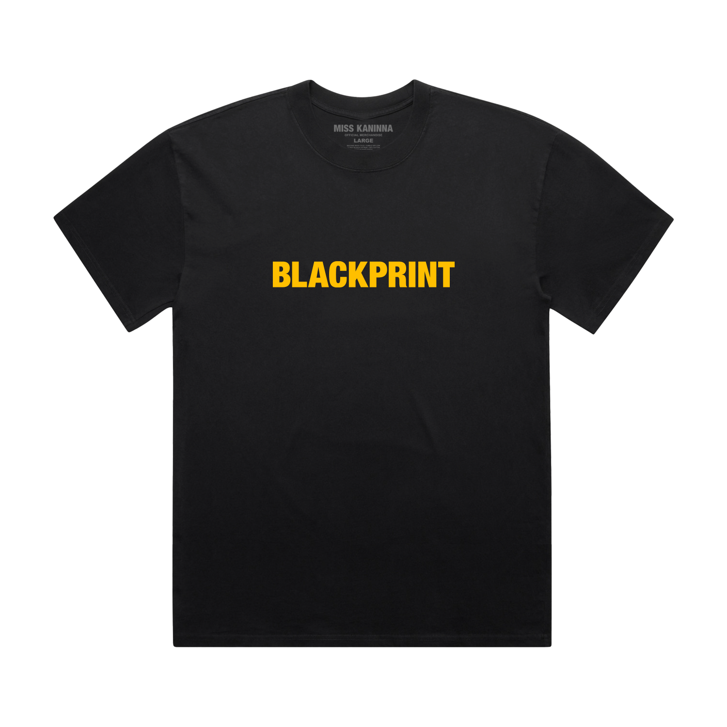 Black t-shirt with 'BLACKPRINT' in yellow on a white background
