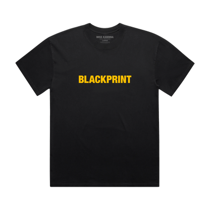 Black t-shirt with 'BLACKPRINT' in yellow on a white background