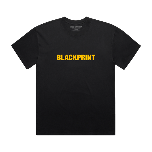 Black t-shirt with 'BLACKPRINT' in yellow on a white background