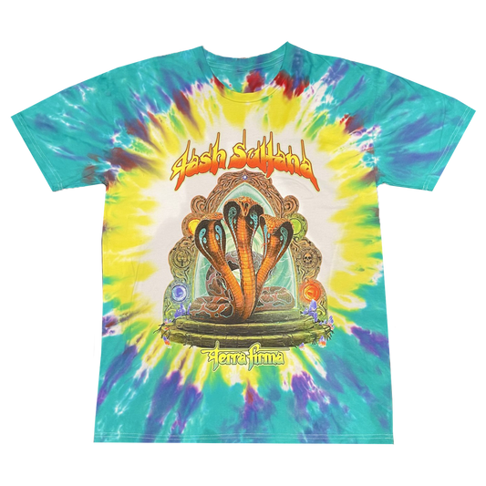 Blue and yellow tie dye t-shirt with terra firma album art on front