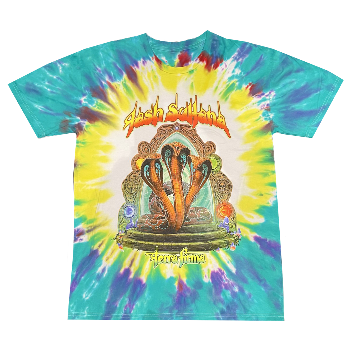 Blue and yellow tie dye t-shirt with terra firma album art on front