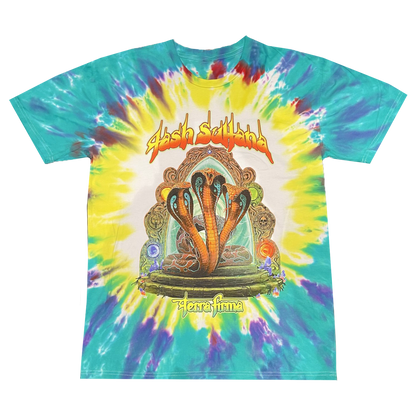 Blue and yellow tie dye t-shirt with terra firma album art on front