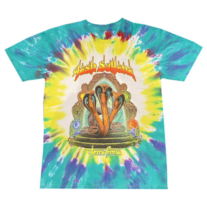 Blue and yellow tie dye t-shirt with terra firma album art on front