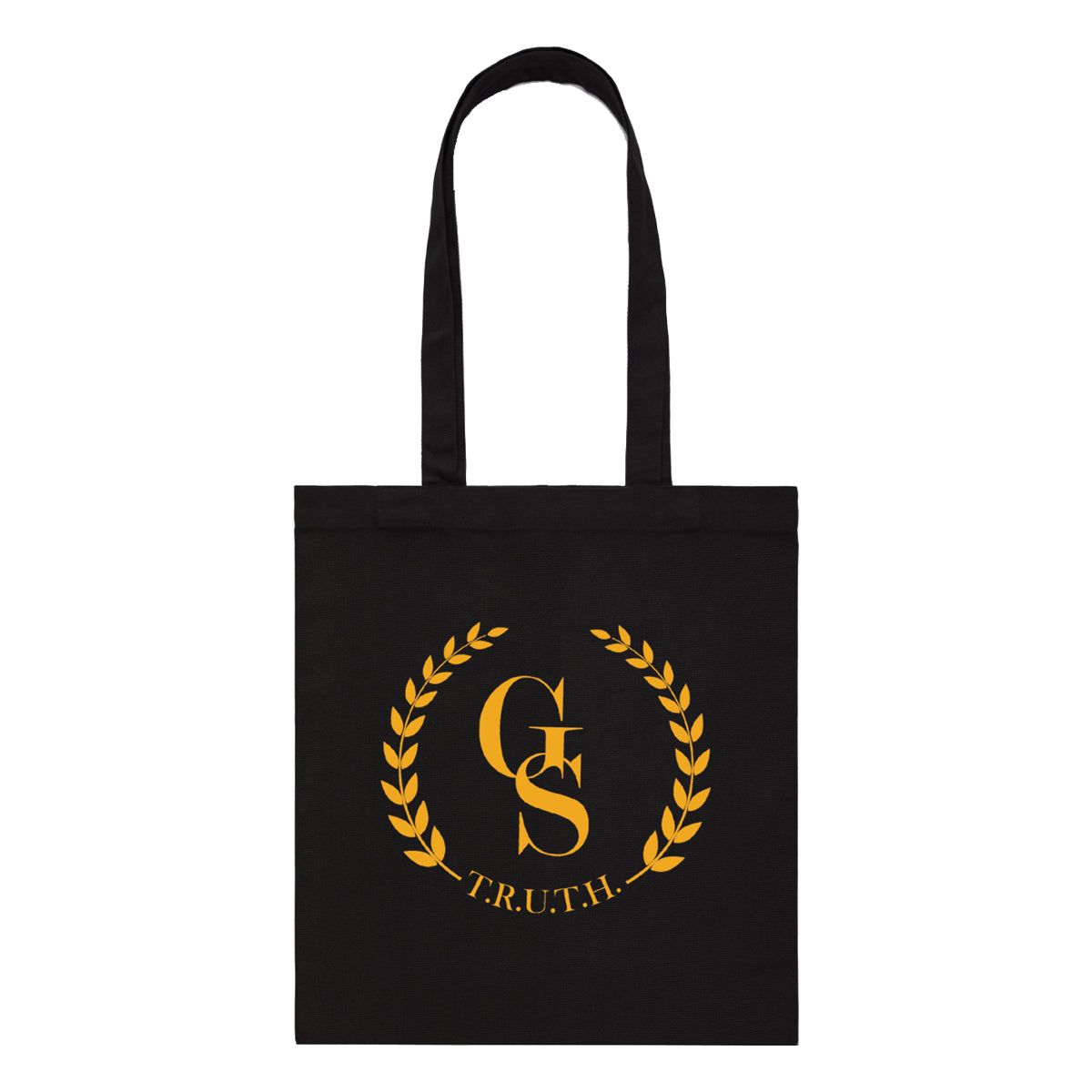Black long handle tote bag with gold GS Truth Emblem logo on front