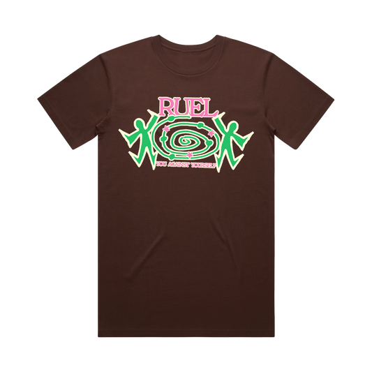 Chocolate Brown t-shirt with center print of RUEL YOU AGAINST YOURSELF, in pink and a green spiral graphic