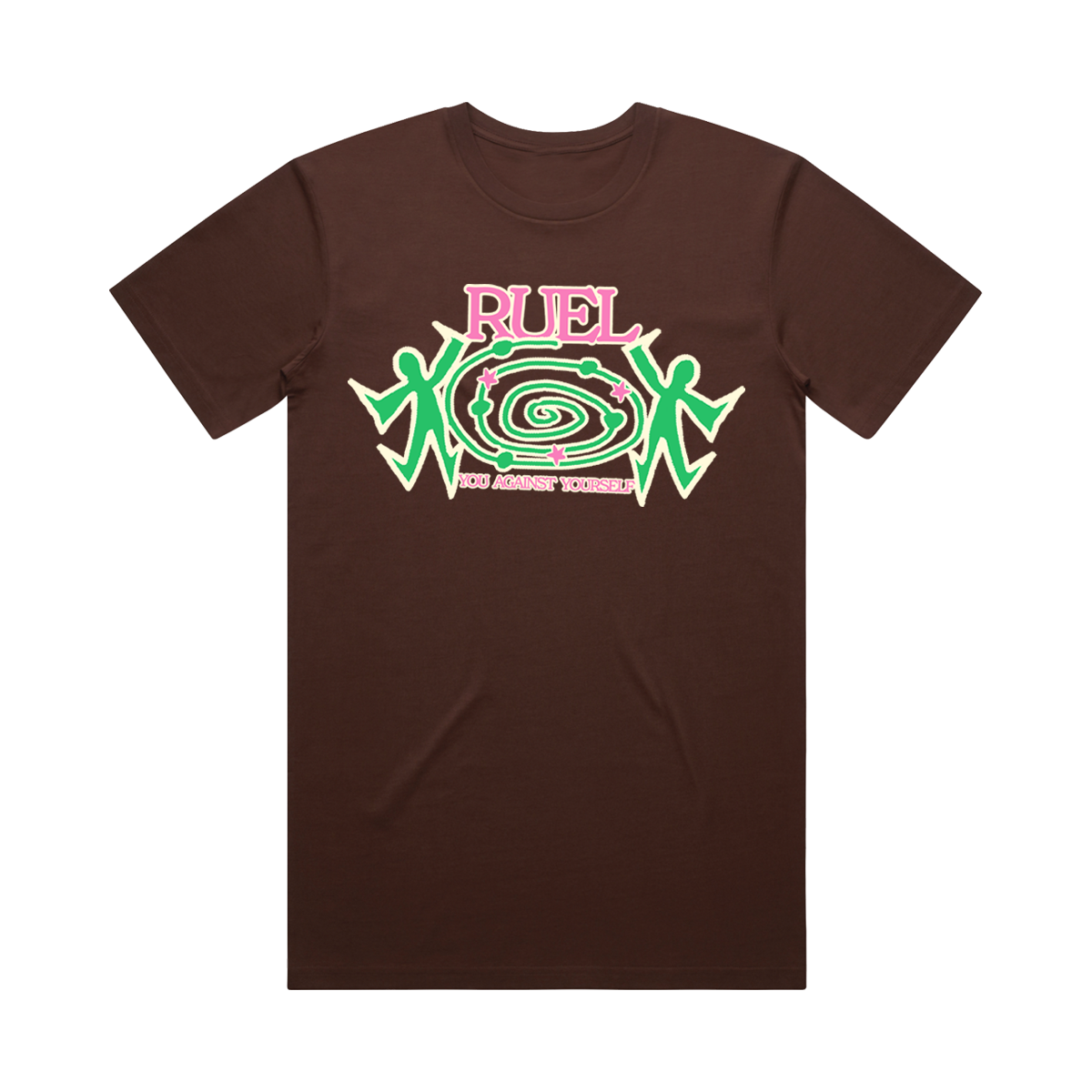 Chocolate Brown t-shirt with center print of RUEL YOU AGAINST YOURSELF, in pink and a green spiral graphic