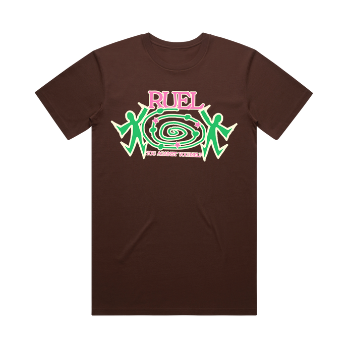Chocolate Brown t-shirt with center print of RUEL YOU AGAINST YOURSELF, in pink and a green spiral graphic