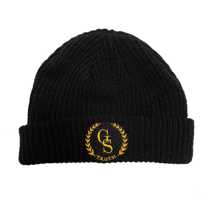 Black cuffed knit beanie with yellow GS Truth Emblem logo embroidered on cuff