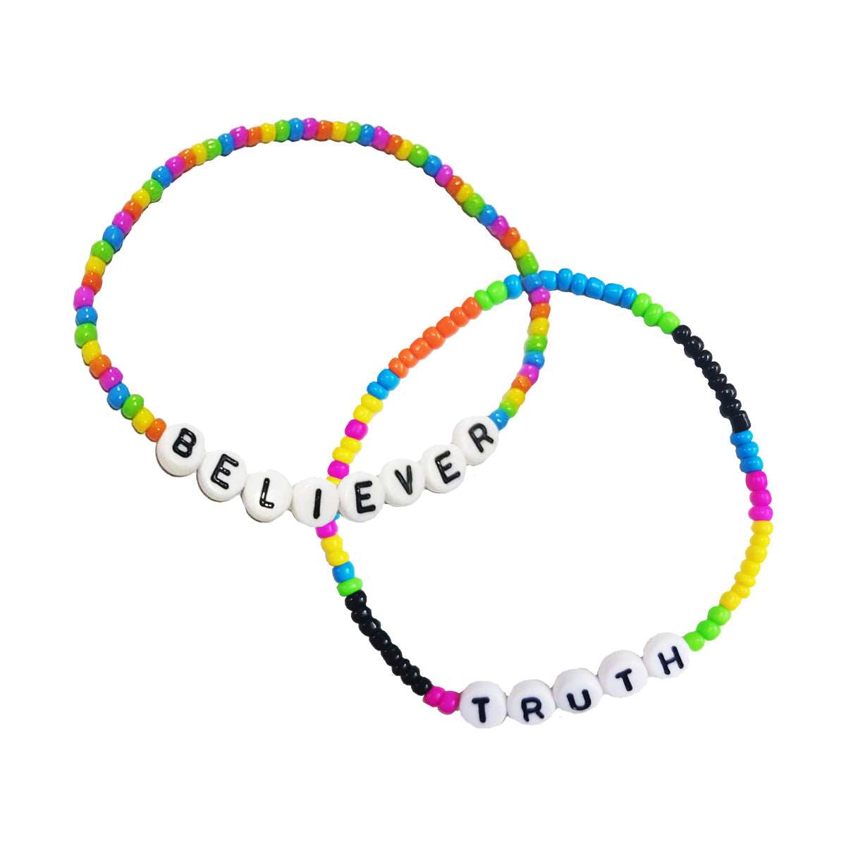 Two Rainbow beaded bracelets with letter beads saying 'Believer' and 'Truth'