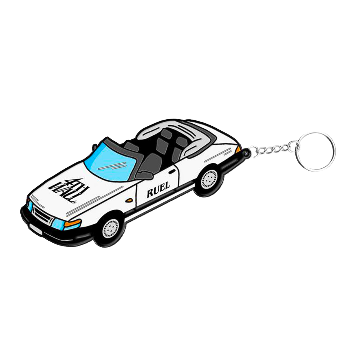 Enamel keyring of white Saab car with Ruel logo