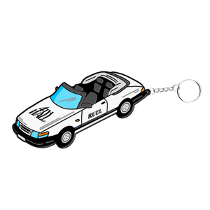 Enamel keyring of white Saab car with Ruel logo