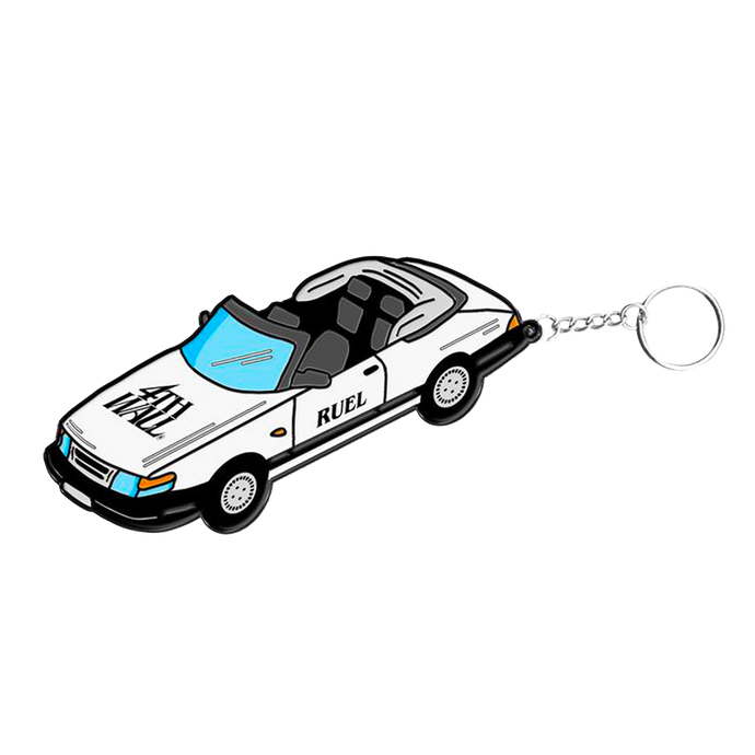 Enamel keyring of white Saab car with Ruel logo
