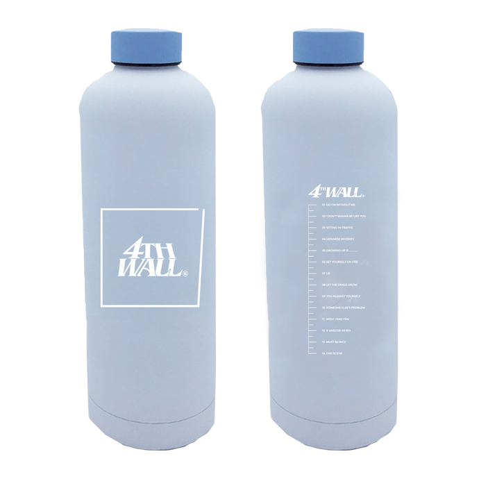 Baby blue drink bottle with Ruel logo on the front and album tracklist on the back