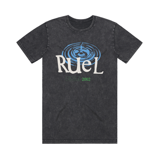Stonewash black t-shirt with puff print RUEL, blue water droplet and green text